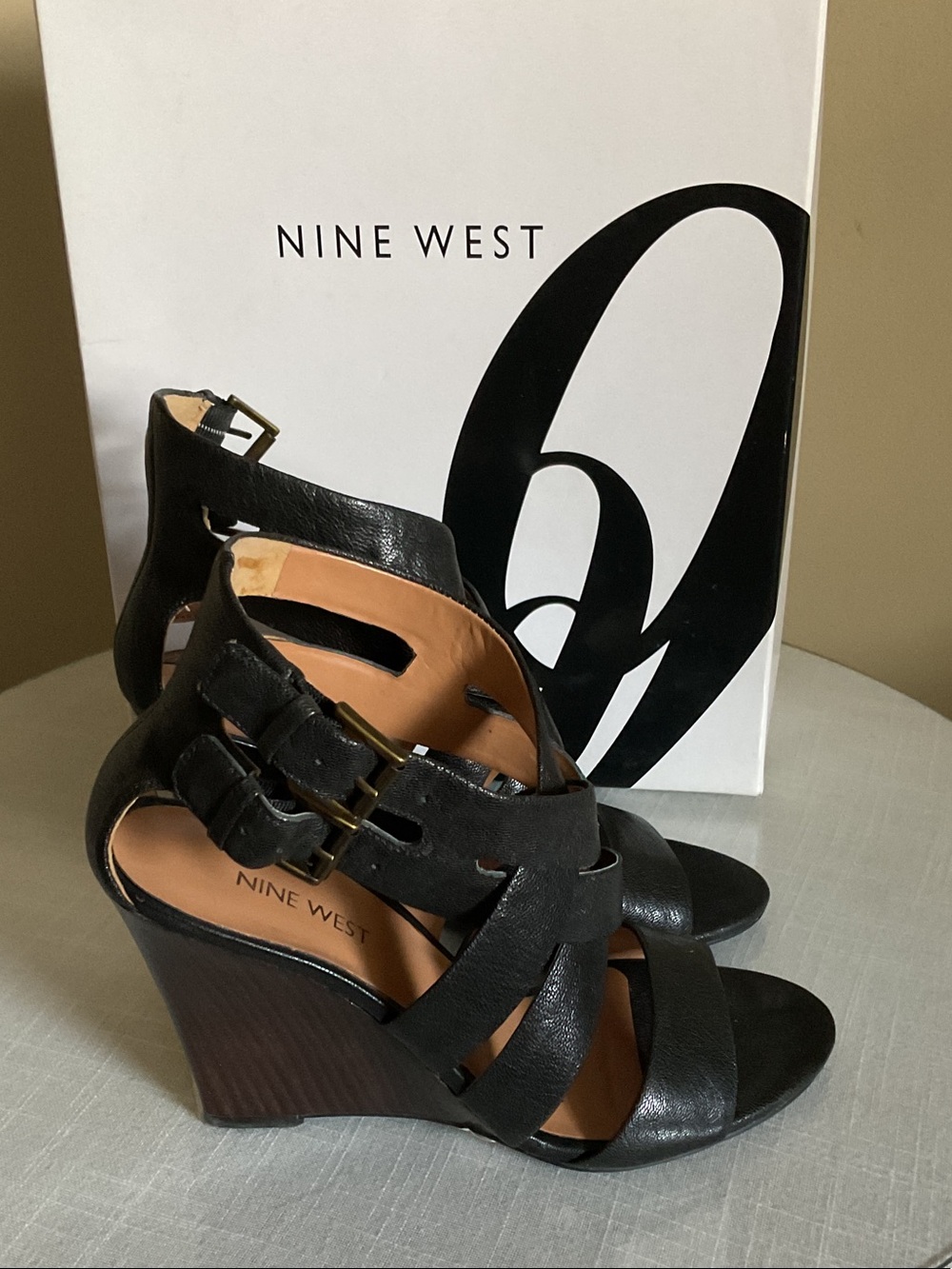 New with Box Size 7 Nine West Black Strappy Leather Wedge Sandals
